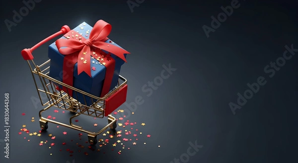 Obraz A festive blue gift box with a sparkling red ribbon and golden confetti, nestled in a miniature shopping cart, evoking the joy of holiday shopping, special moments, and happy surprises