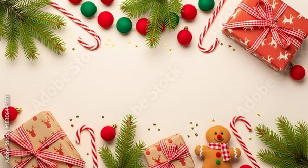 Obraz Festive Holiday Season Flat Lay Background with Christmas Decorations and Copy Space for Seasonal Greetings