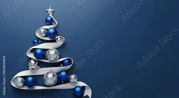 Obraz Elegant blue and silver Christmas tree decoration featuring a swirling ribbon adorned with shimmering baubles, set against a deep blue background, ideal for festive season greetings