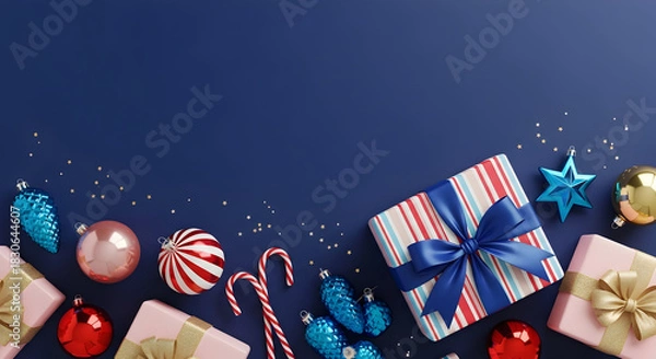 Obraz Vibrant assortment of holiday gifts, sparkling ornaments, and candy canes artfully placed on a rich blue backdrop, capturing the spirit of celebration and seasonal joy