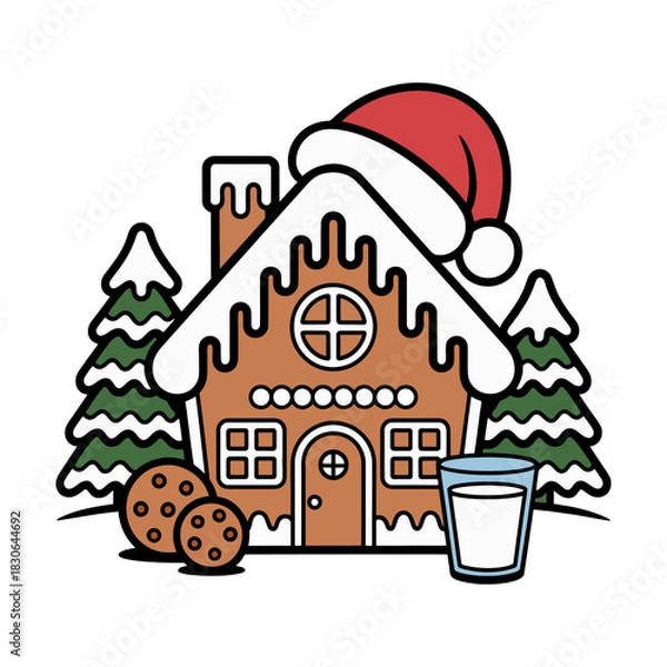 Fototapeta Gingerbread House with Santa Hat and Holiday Treats Illustration