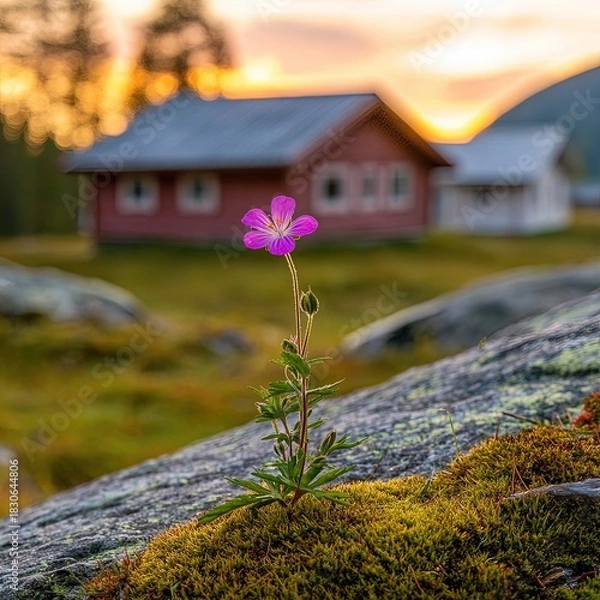 Obraz Pink Flower In Front Of Wooden Cabins At Sunset