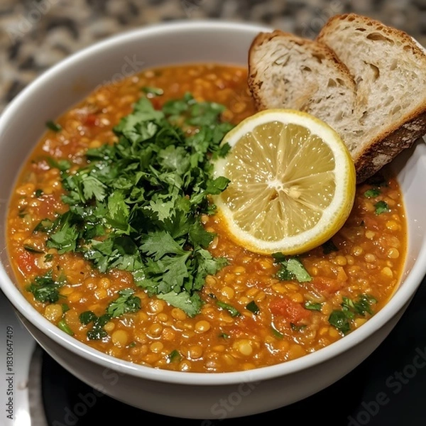 Fototapeta Photo of a warm lentil soup garnished with cilantro, lemon slice, and crusty bread