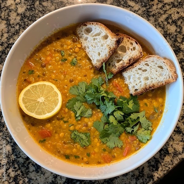 Fototapeta Photo of a warm lentil soup garnished with cilantro, lemon slice, and crusty bread
