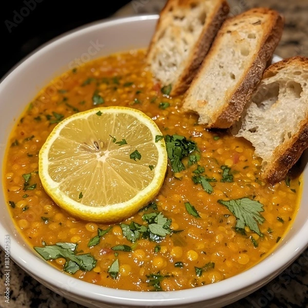 Fototapeta Photo of a warm lentil soup garnished with cilantro, lemon slice, and crusty bread