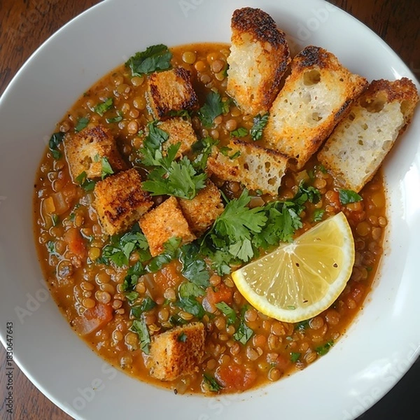 Fototapeta Photo of a warm lentil soup garnished with cilantro, lemon slice, and crusty bread