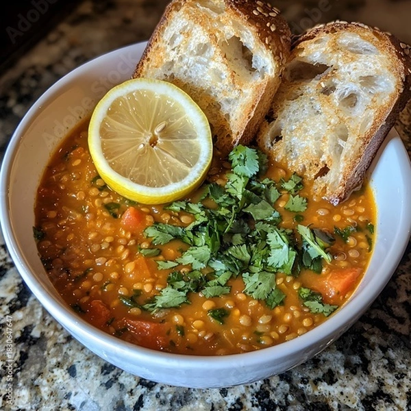 Fototapeta Photo of a warm lentil soup garnished with cilantro, lemon slice, and crusty bread