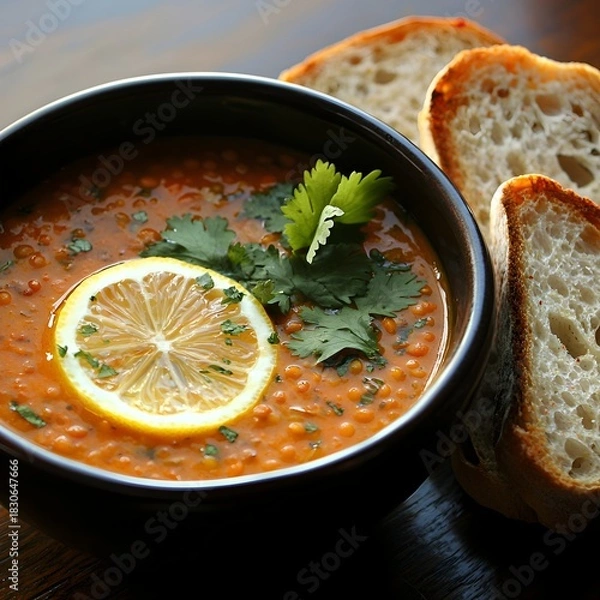 Fototapeta Photo of a warm lentil soup garnished with cilantro, lemon slice, and crusty bread