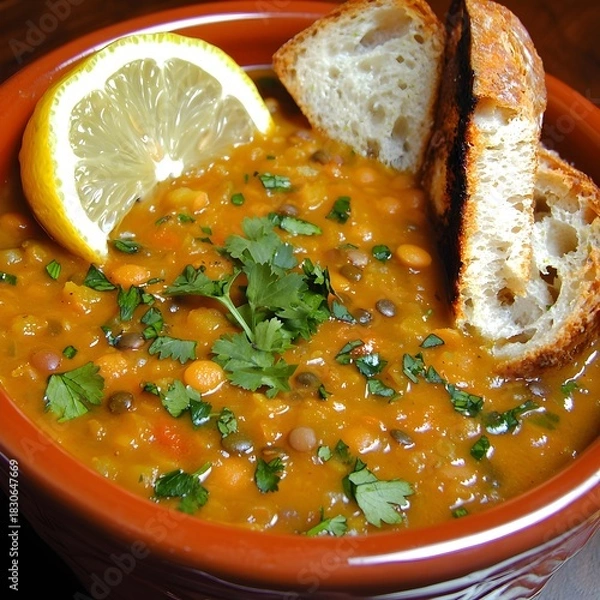 Fototapeta Photo of a warm lentil soup garnished with cilantro, lemon slice, and crusty bread