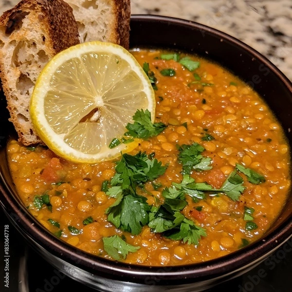 Fototapeta Photo of a warm lentil soup garnished with cilantro, lemon slice, and crusty bread