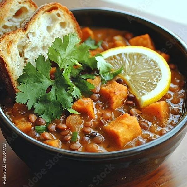 Fototapeta Photo of a warm lentil soup garnished with cilantro, lemon slice, and crusty bread