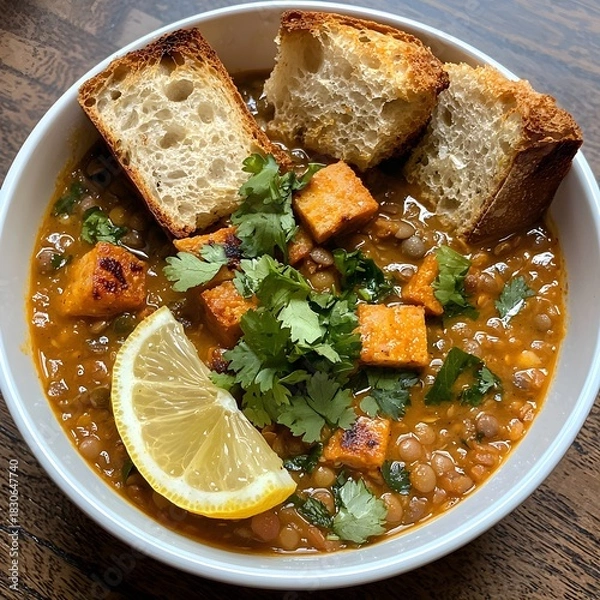 Fototapeta Photo of a warm lentil soup garnished with cilantro, lemon slice, and crusty bread