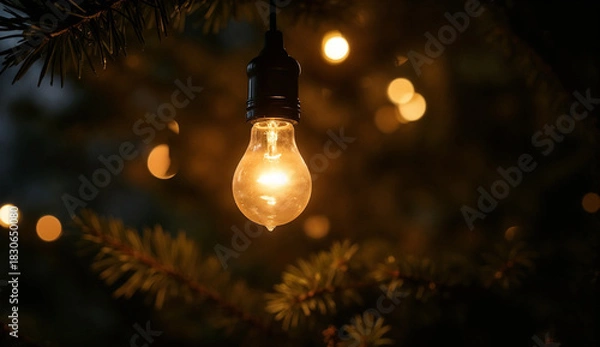 Obraz Glowing light bulb on Christmas tree with bokeh background.