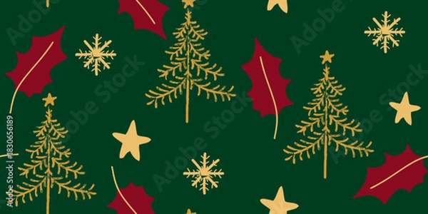 Obraz Festive Hand-Drawn Christmas Elements on Green Texture