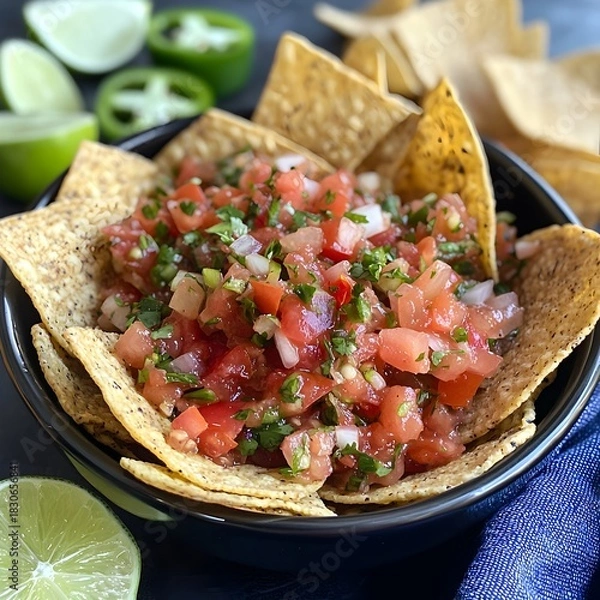 Fototapeta Photo of fresh salsa with tortilla chips, lime wedges, and jalapeños for customization