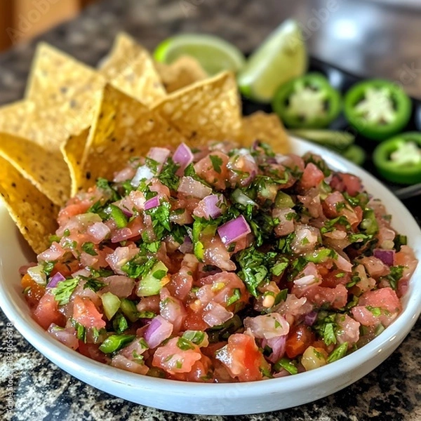 Fototapeta Photo of fresh salsa with tortilla chips, lime wedges, and jalapeños for customization