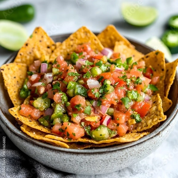 Fototapeta Photo of fresh salsa with tortilla chips, lime wedges, and jalapeños for customization
