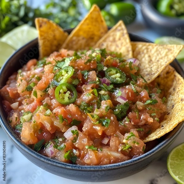 Fototapeta Photo of fresh salsa with tortilla chips, lime wedges, and jalapeños for customization