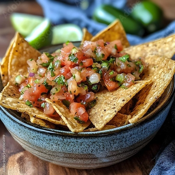 Fototapeta Photo of fresh salsa with tortilla chips, lime wedges, and jalapeños for customization