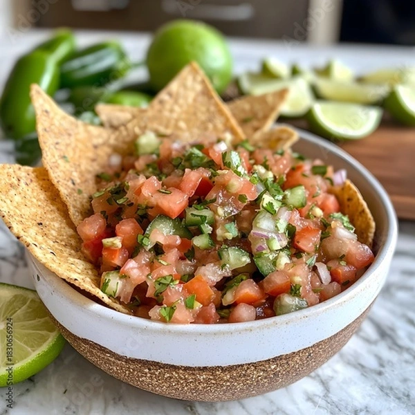 Fototapeta Photo of fresh salsa with tortilla chips, lime wedges, and jalapeños for customization