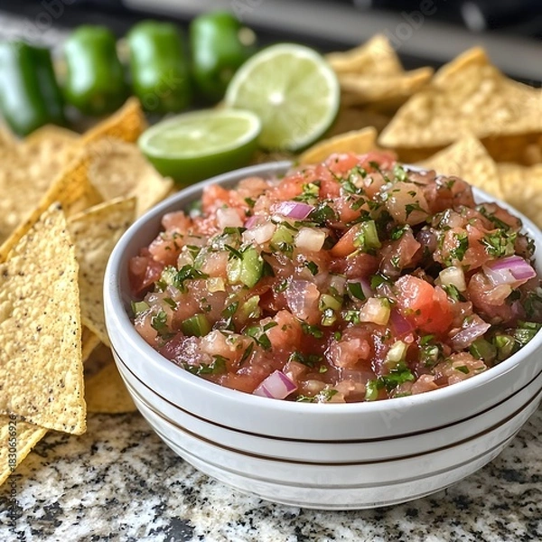Fototapeta Photo of fresh salsa with tortilla chips, lime wedges, and jalapeños for customization
