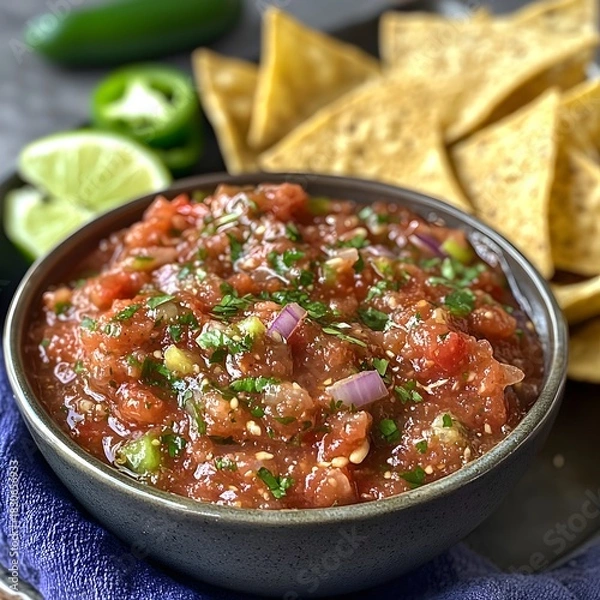 Fototapeta Photo of fresh salsa with tortilla chips, lime wedges, and jalapeños for customization