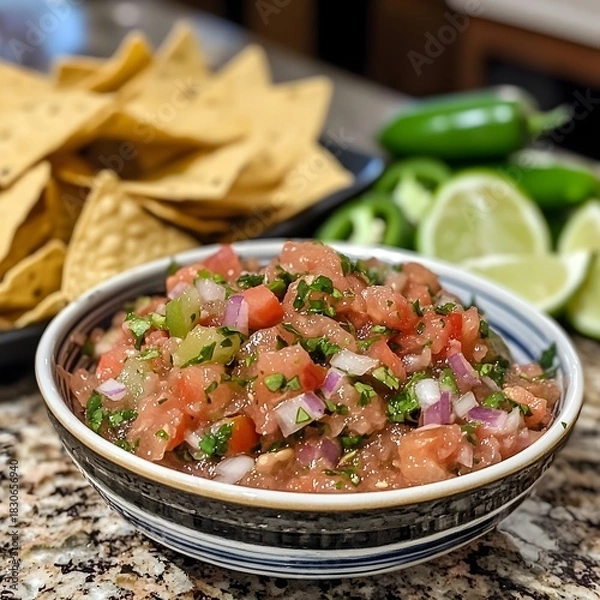 Fototapeta Photo of fresh salsa with tortilla chips, lime wedges, and jalapeños for customization