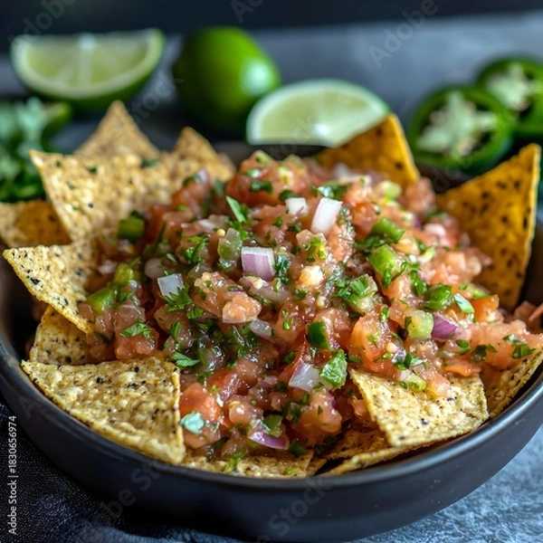 Fototapeta Photo of fresh salsa with tortilla chips, lime wedges, and jalapeños for customization