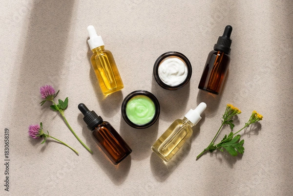 Fototapeta Various cosmetic products, cream, serum, essential oil on beige background with wild flowers, top view, flat lay