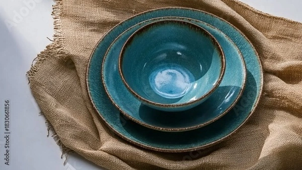 Fototapeta Blue Ceramic Tableware Set, Stacked Bowls and Plates on Linen Cloth for Modern Home Kitchen Dining Ware and E-commerce Design