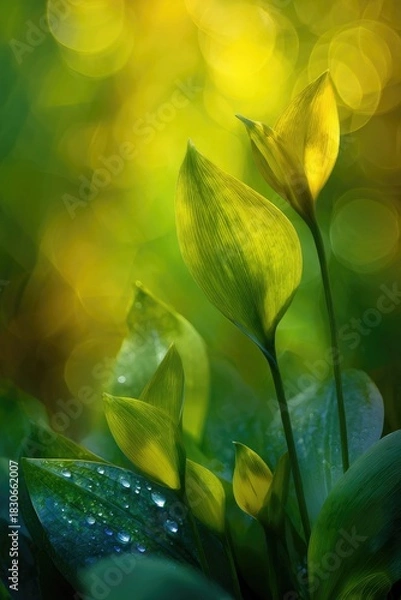Fototapeta Dew Drops On Yellow Green Leaves In Soft Light