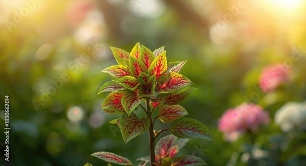 Fototapeta Green leaves with red texture, suitable for background design or layout use