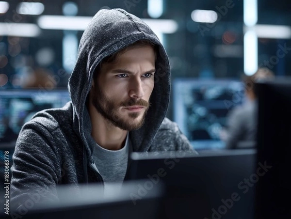 Fototapeta Hacker in hoodie looking at camera while using computer at night