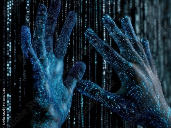 Fototapeta Close up of businessman hands using digital screen with binary code. 