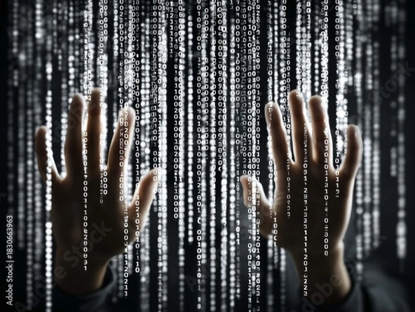 Obraz Close up of businessman hands using digital screen with binary code. 
