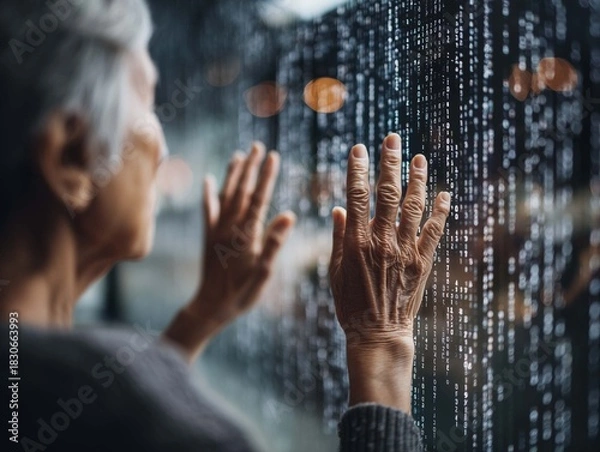 Obraz Close up of businessman hands using digital screen with binary code. 