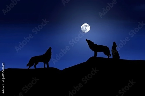 Fototapeta Wolf Pack Howling at Full Moon - Silhouette Wildlife Scene