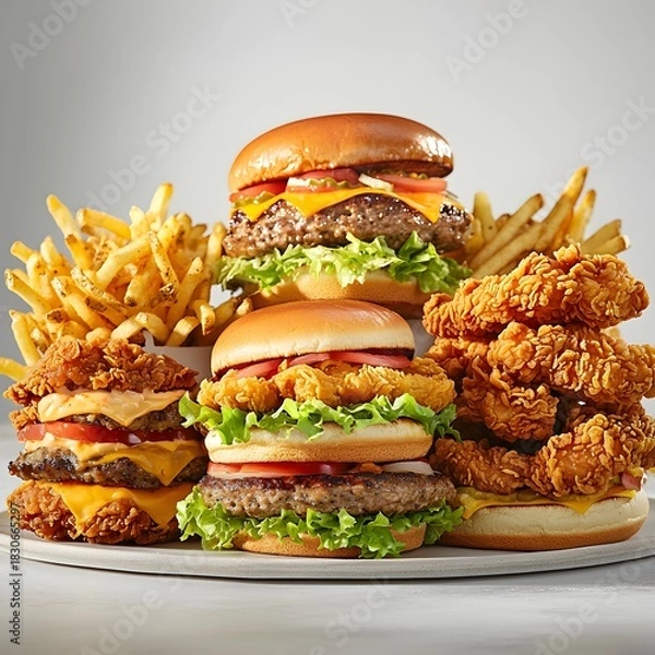 Obraz Photo of a fast food feast including burgers, fries, fried chicken, and fresh lettuce