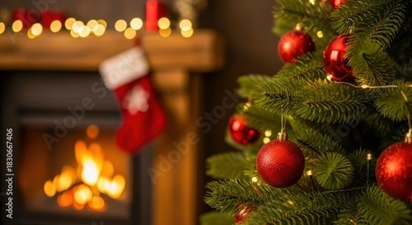Fototapeta Closeup of a decorated christmas tree with red ornaments and a cozy fireplace with a stocking in the background