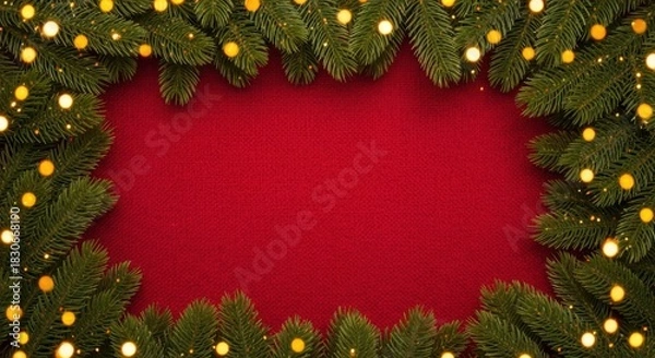 Fototapeta Festive christmas frame border made of green fir tree branches decorated with warm glowing yellow fairy lights around a red background