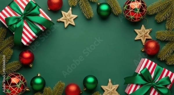 Fototapeta Festive christmas flat lay border frame with green background, ornaments, gifts, and pine branches