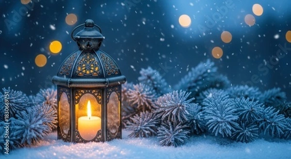 Fototapeta Ornate lantern with a glowing candle sits in the snow surrounded by frosted pine branches under falling snow