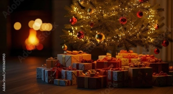 Fototapeta A cozy christmas scene with a brightly lit tree adorned with ornaments and many wrapped presents piled underneath