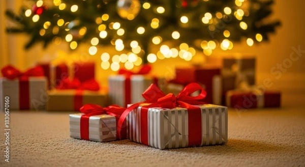 Fototapeta Closeup of beautifully wrapped silver and red christmas presents sitting on carpet beneath a glowing holiday tree