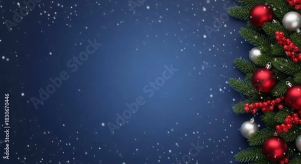 Fototapeta Festive christmas tree branch with red and silver ornaments against a dark blue snowy background copy space