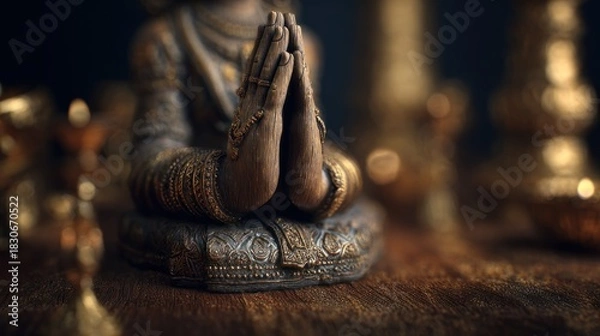 Fototapeta Meditative Serenity: A Close-Up of Prayerful Hands in Golden Ornamentation