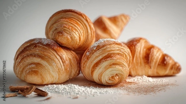 Fototapeta Artisanal croissants sprinkled with confectioners' sugar on a bright surface