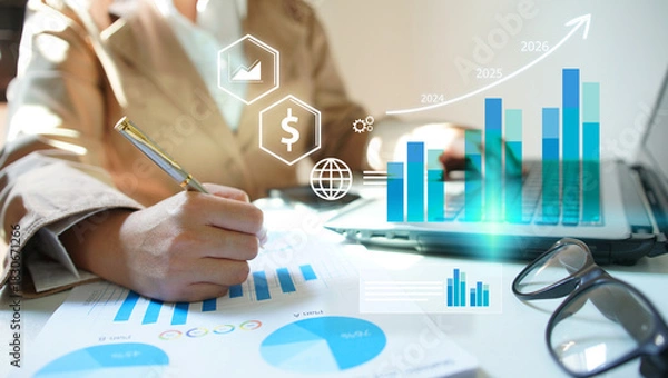 Fototapeta Businesswoman calculating financial data for long term investment growth goals. financial analysis concept, strategy planning and growth opportunities