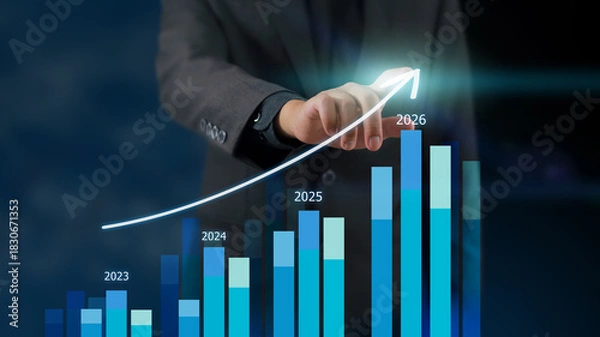 Fototapeta Businessman reviewing balance sheet and virtual data charts. financial analysis concept, strategy planning and growth opportunities, calculating company investment