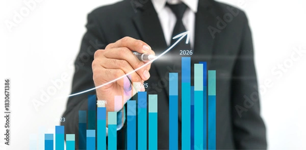 Fototapeta Businessman reviewing balance sheet and virtual data charts. financial analysis concept, strategy planning and growth opportunities, calculating company investment